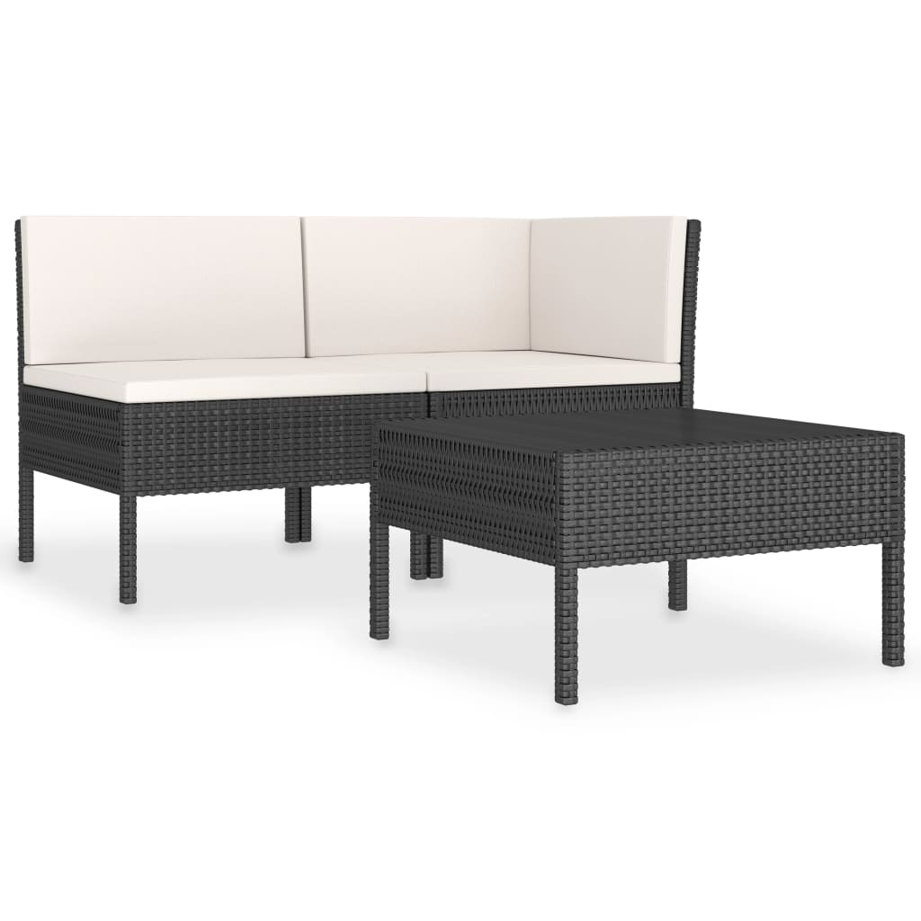 Set de muebles de jardín 3 pzas y cojines ratán sintético negro