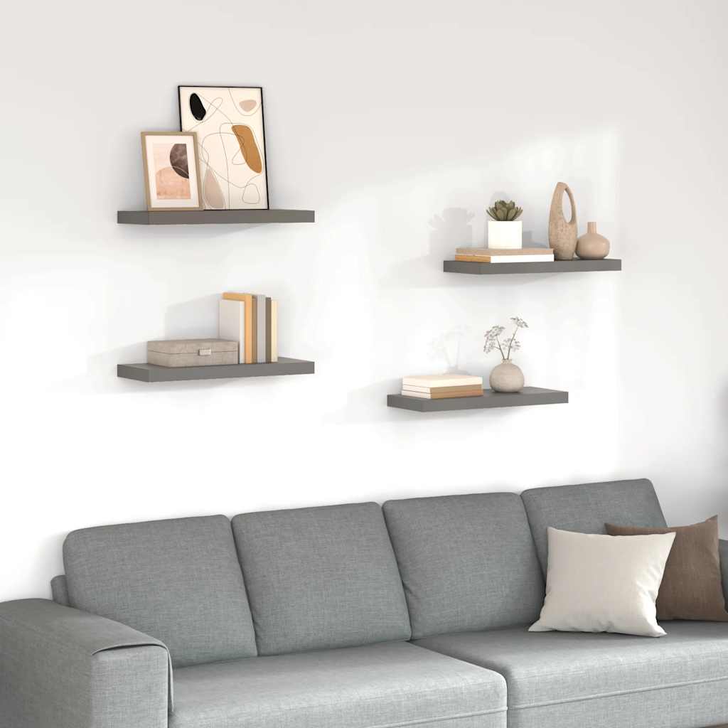 Estante flotante de pared 4 uds MDF gris brillo 80x23,5x3,8 cm