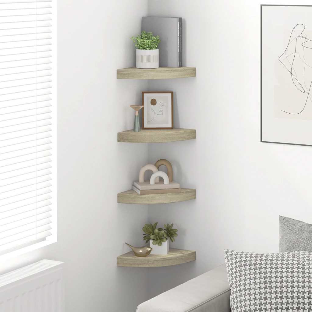 Estante flotante de esquina 4 uds MDF roble 25x25x3,8 cm