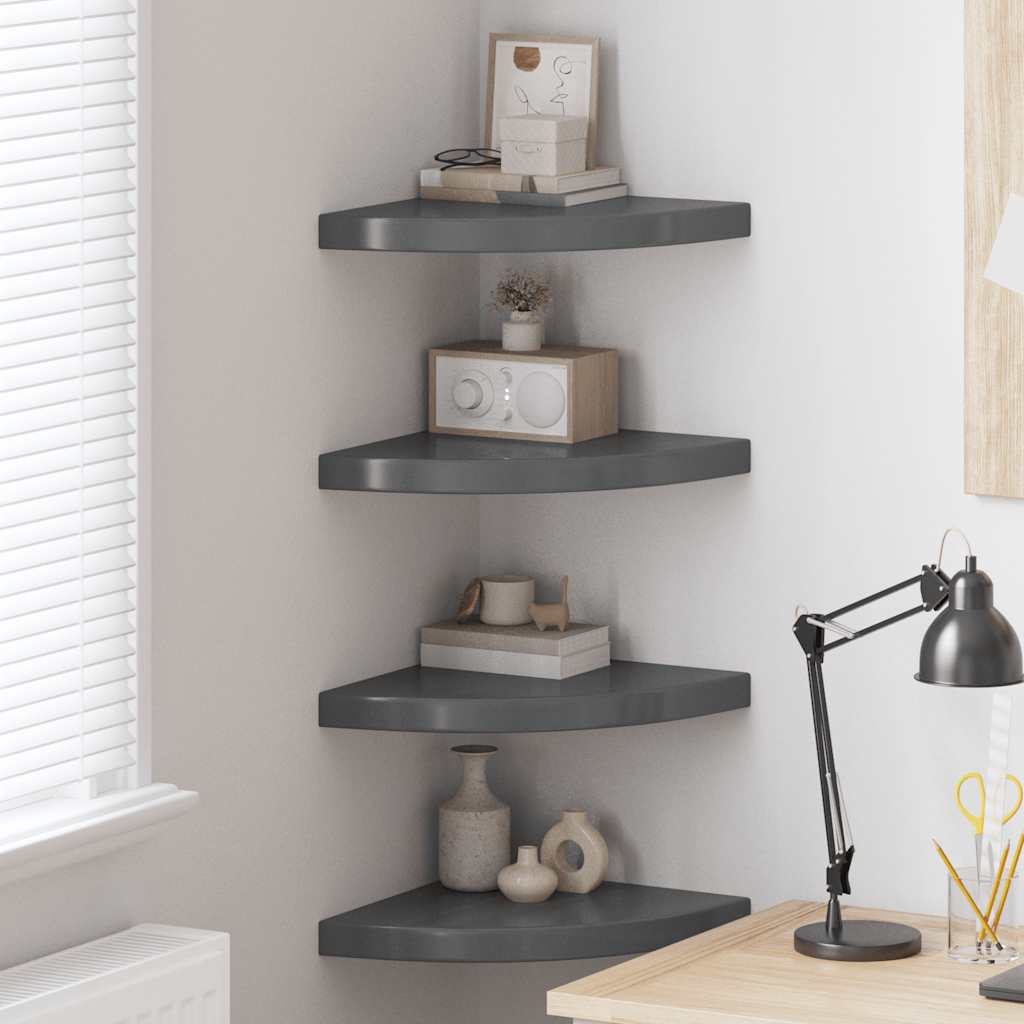 Estantes flotantes esquina 4 uds MDF gris brillo 35x35x3,8 cm