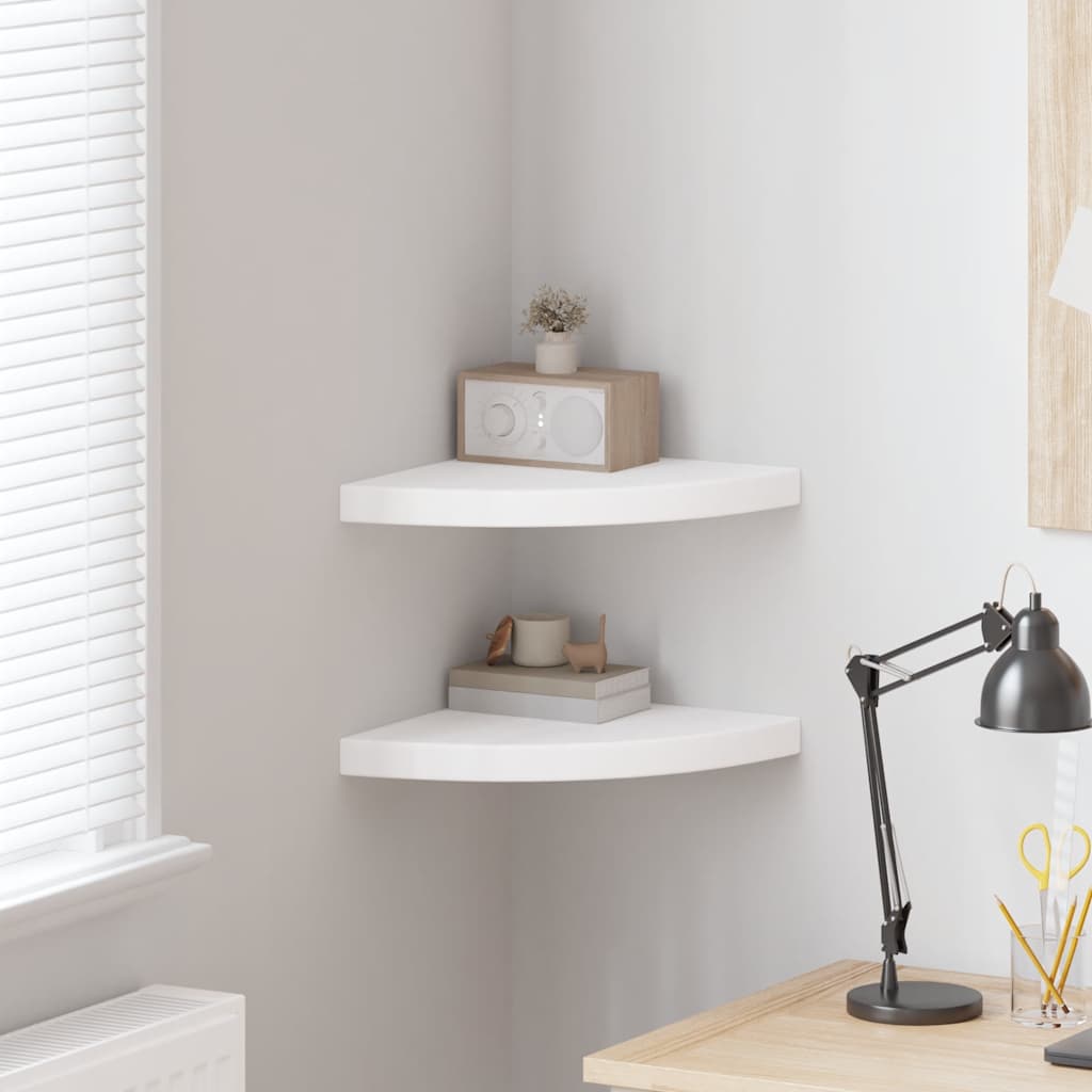 Floating corner shelves (2 units), high gloss white, 25 x 25 x 3.8 cm, MDF