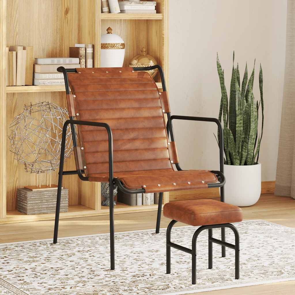 Silla de relax reposabrazos y reposapiés cuero auténtico marrón