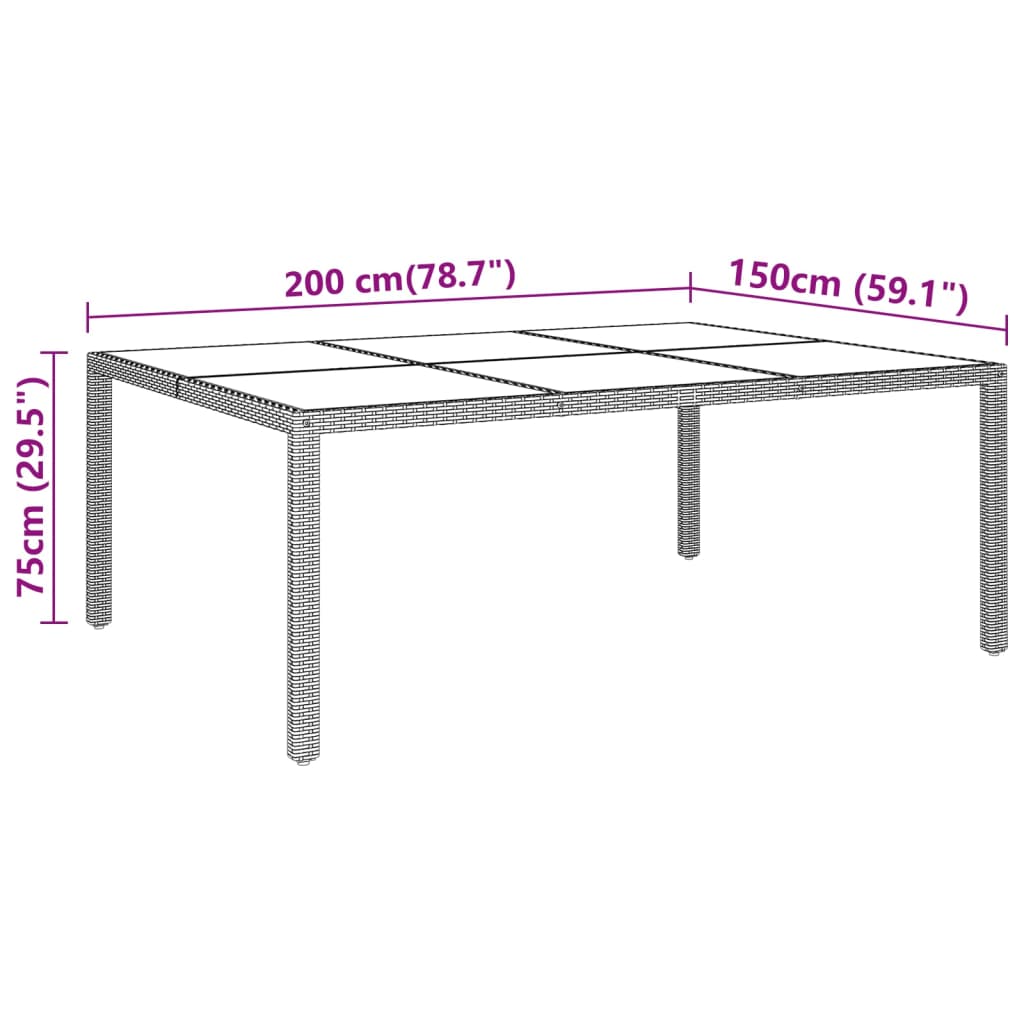 Mesa de jardín superficie de vidrio ratán marrón 200x150x75 cm