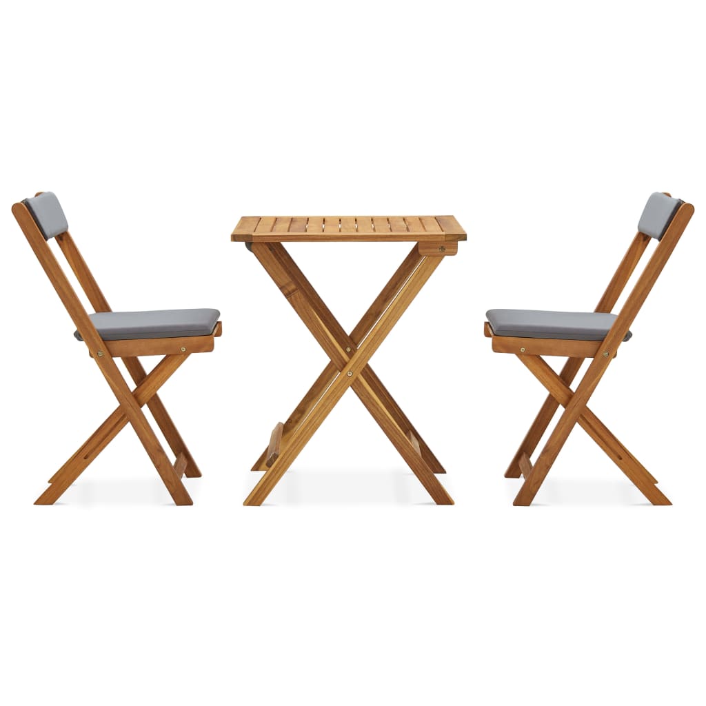 Mesa y sillas bistró plegables 3 pzas y cojines madera maciza