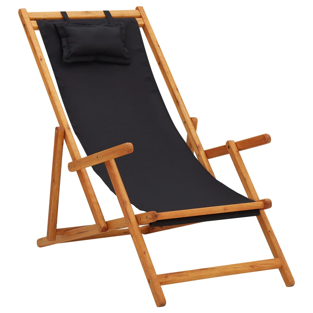 Silla de playa plegable madera maciza de eucalipto y tela beige