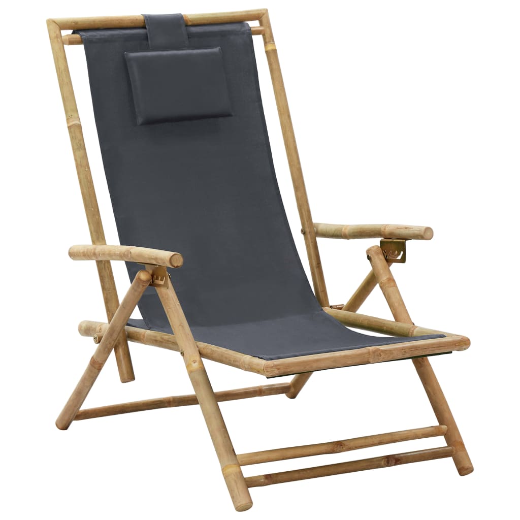 Reclining bamboo and navy blue fabric lounge chair