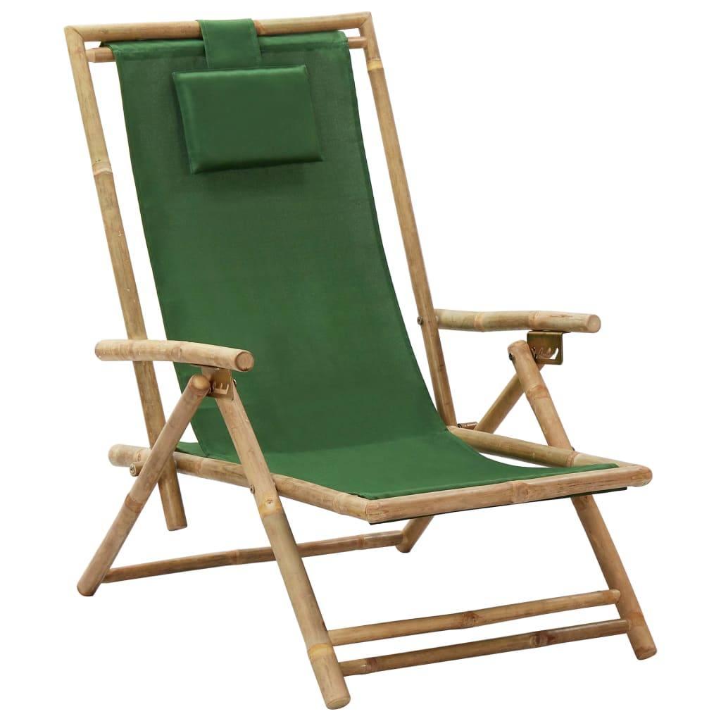 Reclining bamboo and navy blue fabric lounge chair