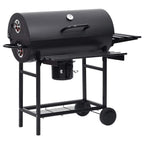 Parrilla de barril ruedas y estantes acero negro 115x85x95 cm