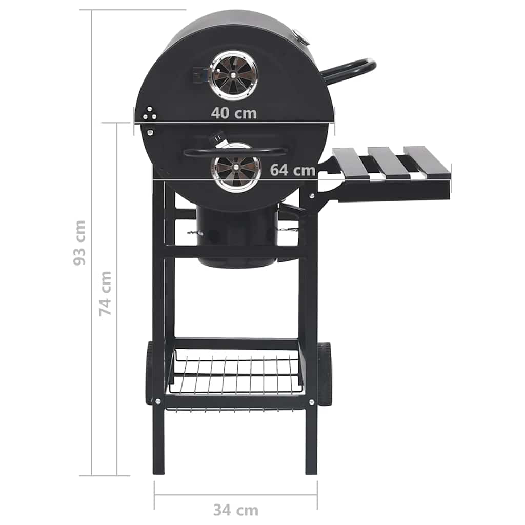 Parrilla de barril ruedas y estantes acero negro 115x85x95 cm