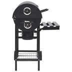 Parrilla de barril ruedas y estantes acero negro 115x85x95 cm