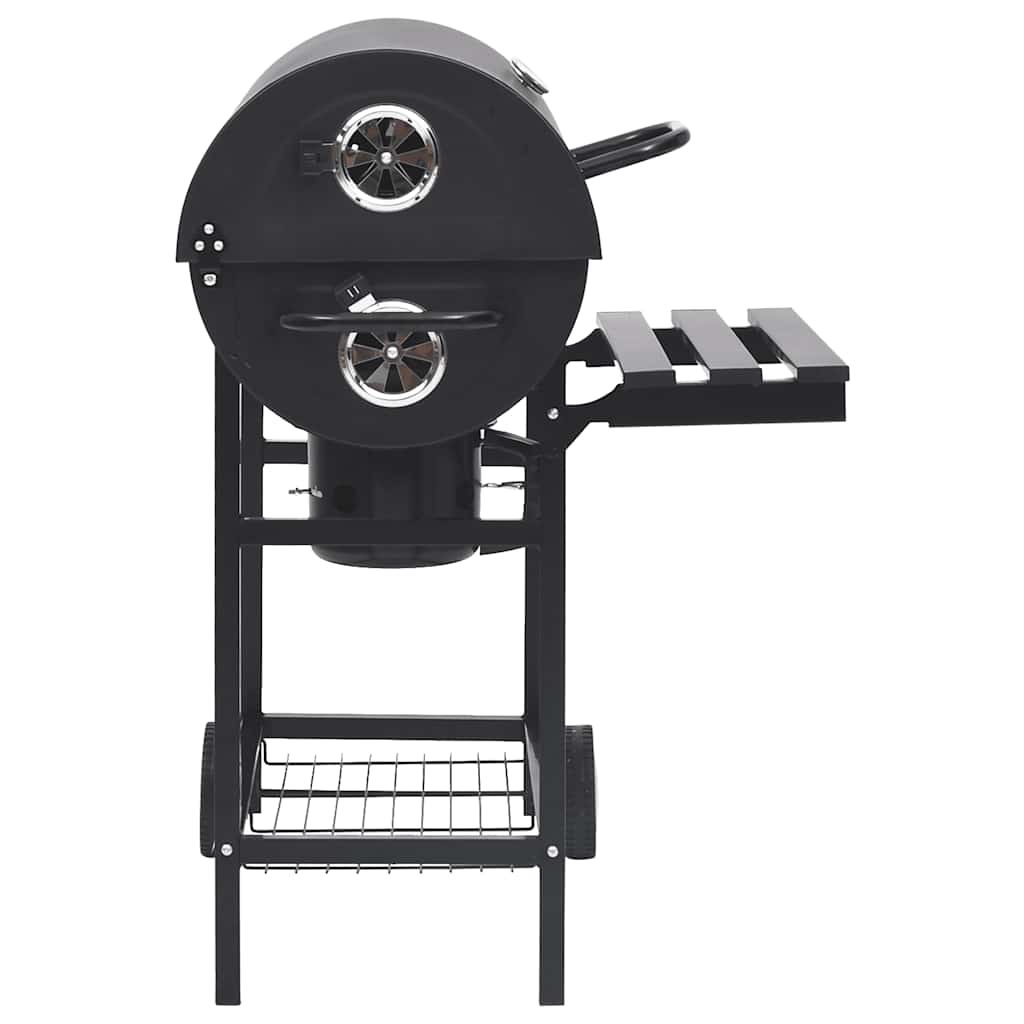 Parrilla de barril ruedas y estantes acero negro 115x85x95 cm