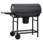 Parrilla de barril ruedas y estantes acero negro 115x85x95 cm
