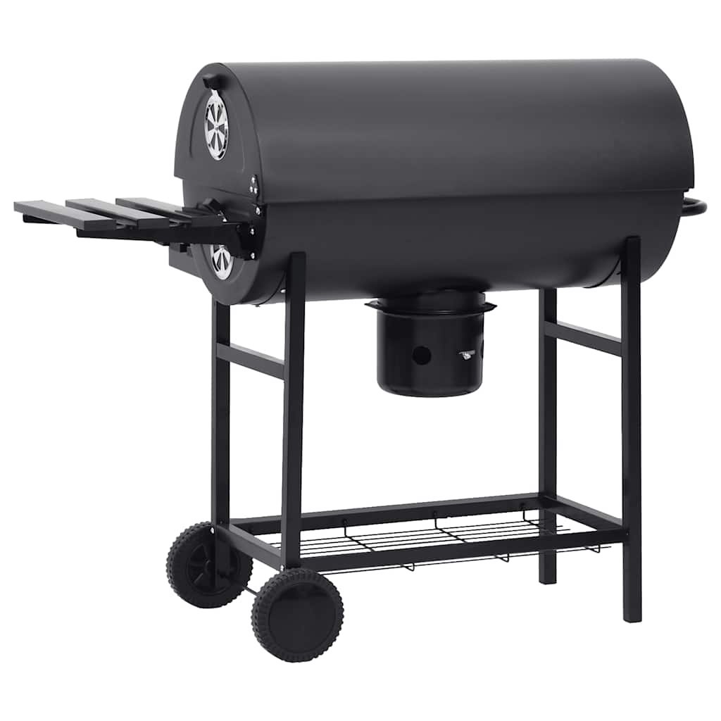Parrilla de barril ruedas y estantes acero negro 115x85x95 cm
