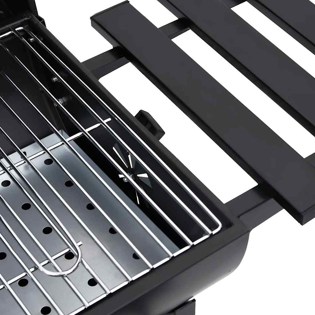 Parrilla de barril ruedas y estantes acero negro 115x85x95 cm
