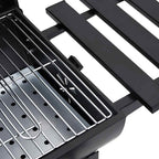 Parrilla de barril ruedas y estantes acero negro 115x85x95 cm