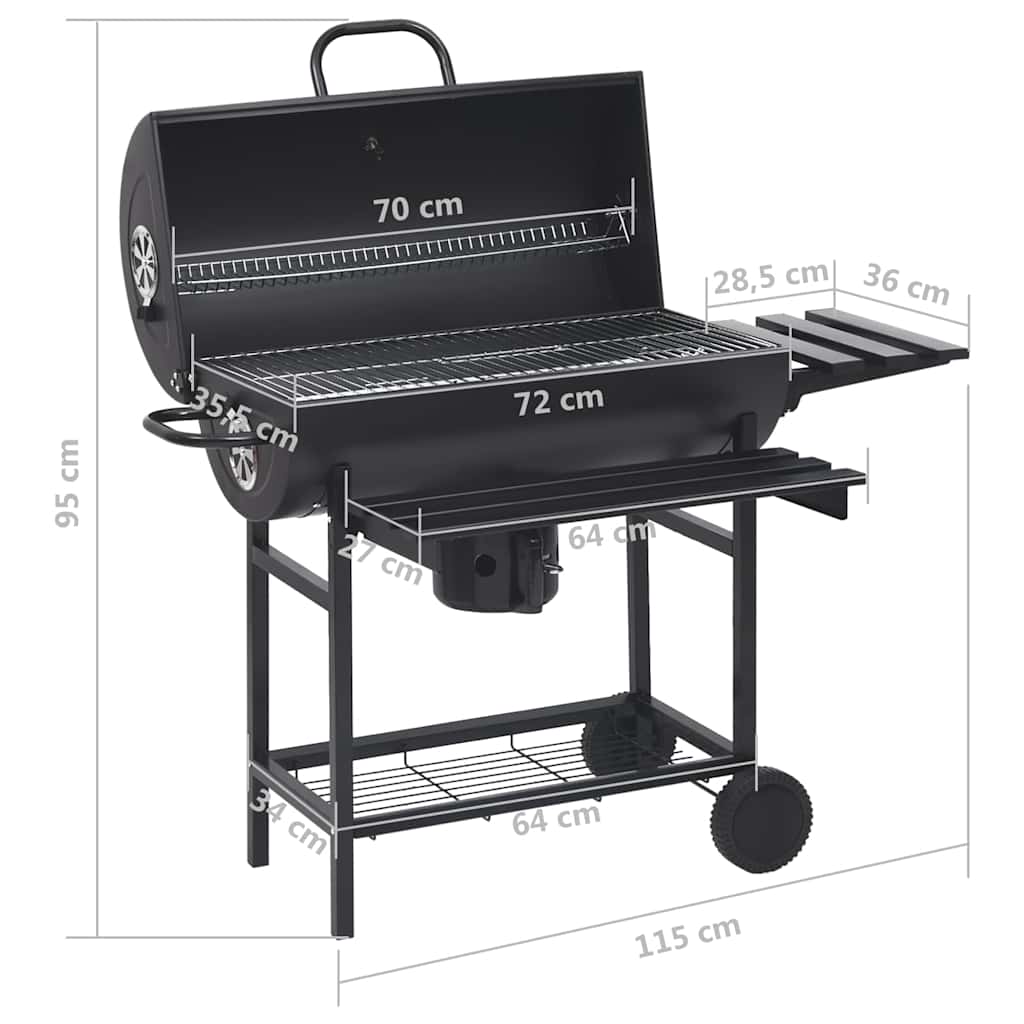 Parrilla de barril ruedas y estantes acero negro 115x85x95 cm