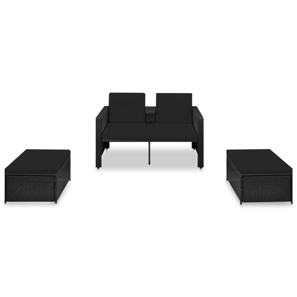 Set de muebles de jardín 3 pzas y cojines ratán sintético negro