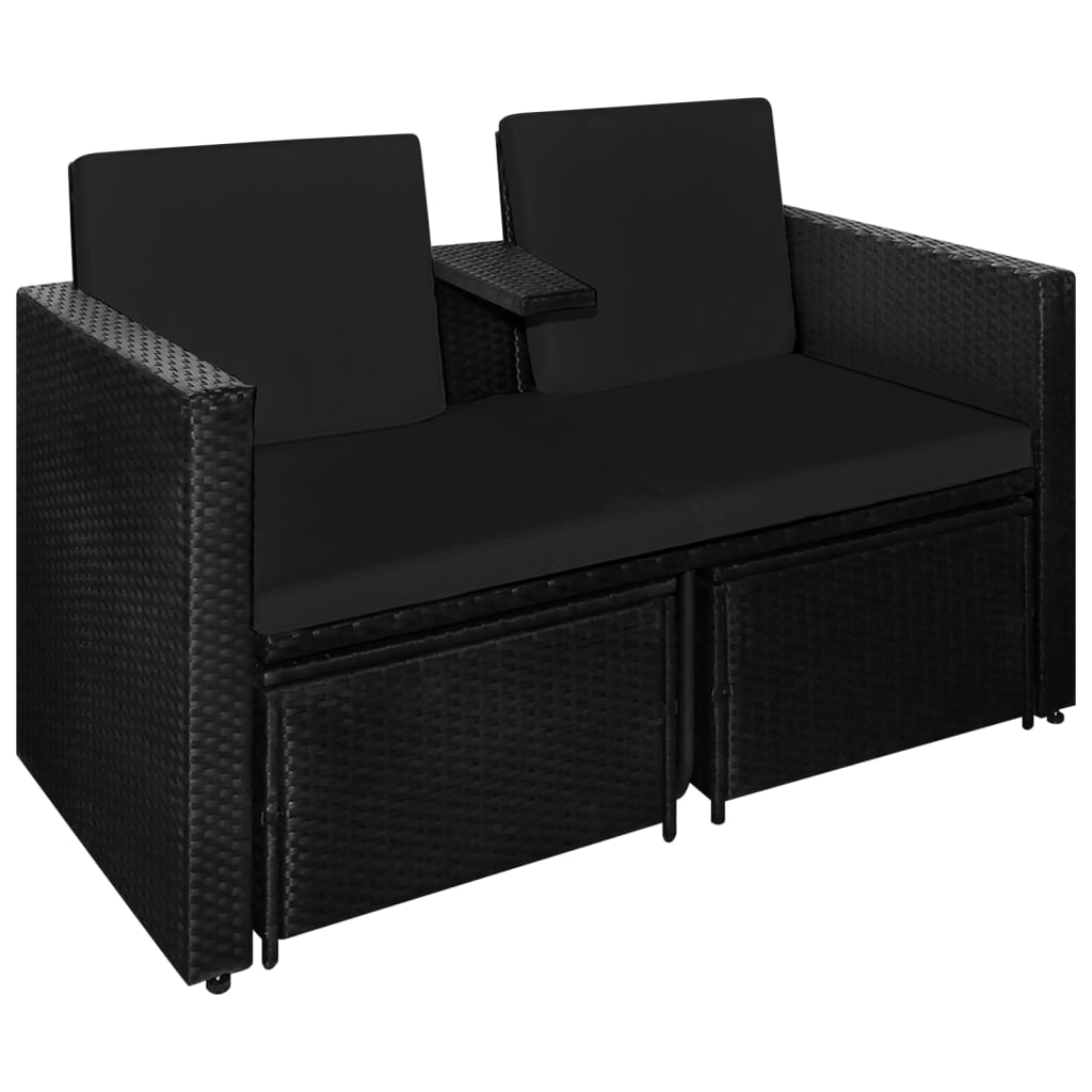 Set de muebles de jardín 3 pzas y cojines ratán sintético negro