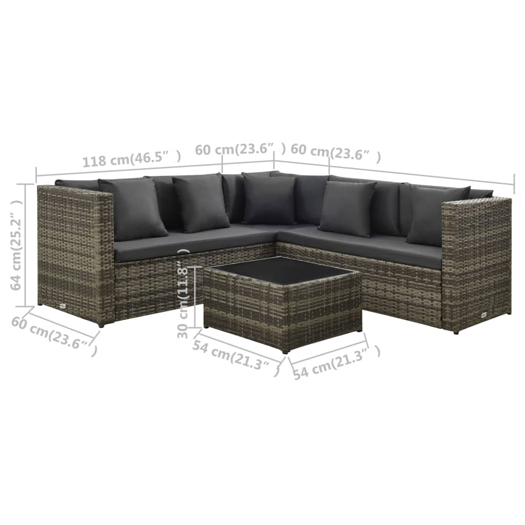 Set de muebles de jardín 4 pzas y cojines ratán sintético gris