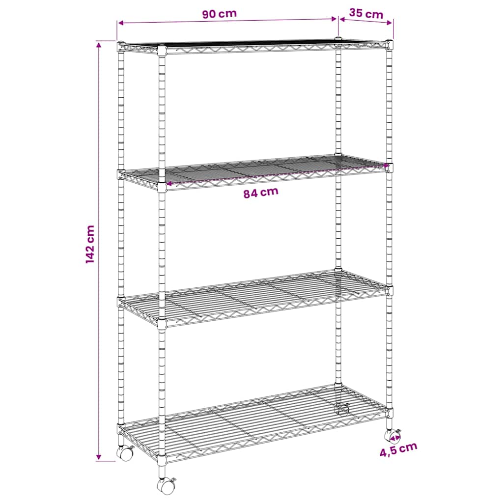 Estante almacenaje 4 niveles ruedas 90x35x142cm negro 200kg