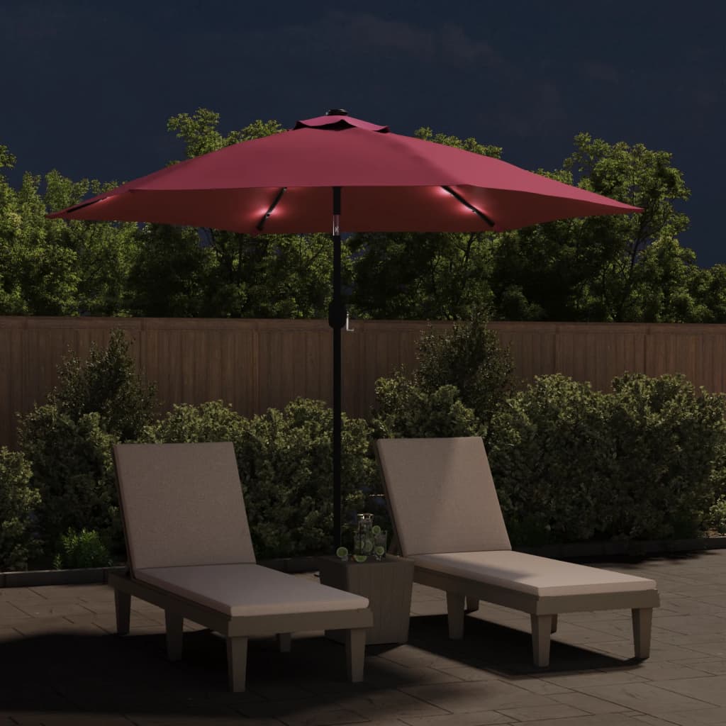 Sombrilla de jardín con luces LED palo acero rojo burdeos 300cm
