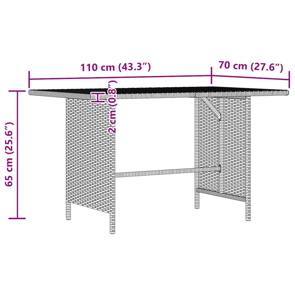 Mesa de jardín de ratán sintético gris 110x70x65 cm