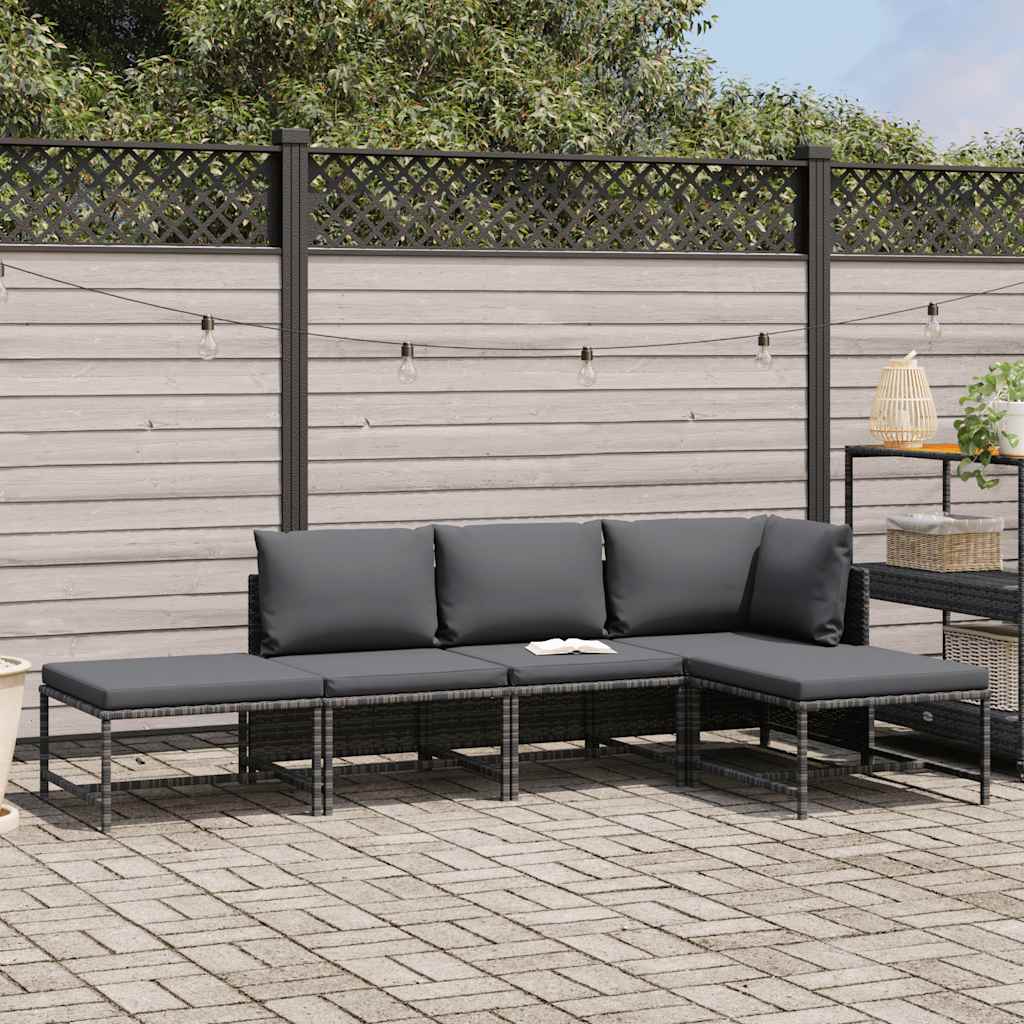 Set de sofá de jardín 5 piezas con cojines ratán sintético gris