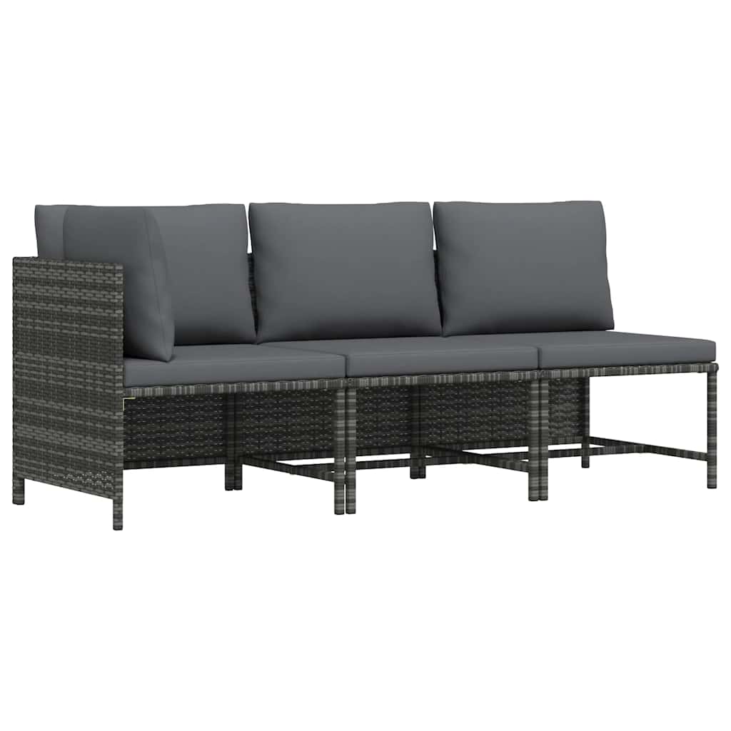 Set de muebles de jardín 3 pzas y cojines ratán sintético gris