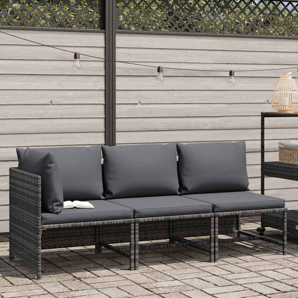 Set de muebles de jardín 3 pzas y cojines ratán sintético gris