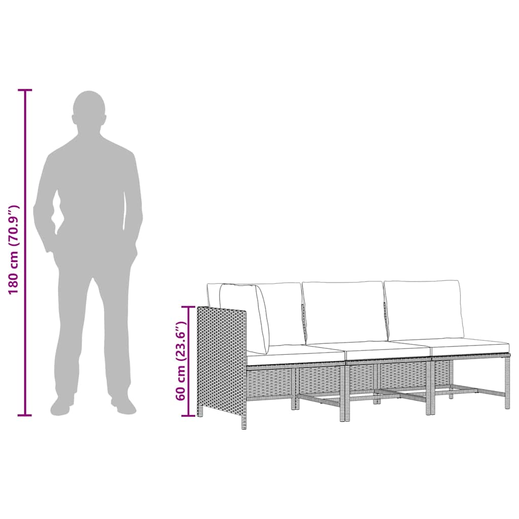 Set de muebles de jardín 3 pzas y cojines ratán sintético gris