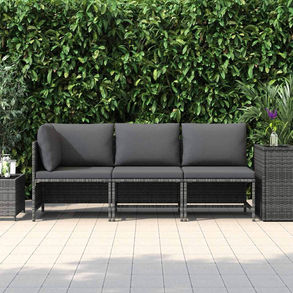 Set de muebles de jardín 3 pzas y cojines ratán sintético gris