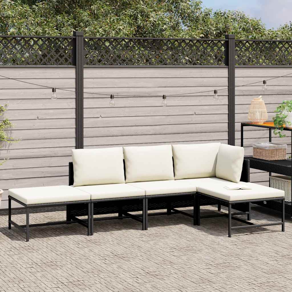 Set de sofás de jardín 5 pzas y cojines ratán sintético negro