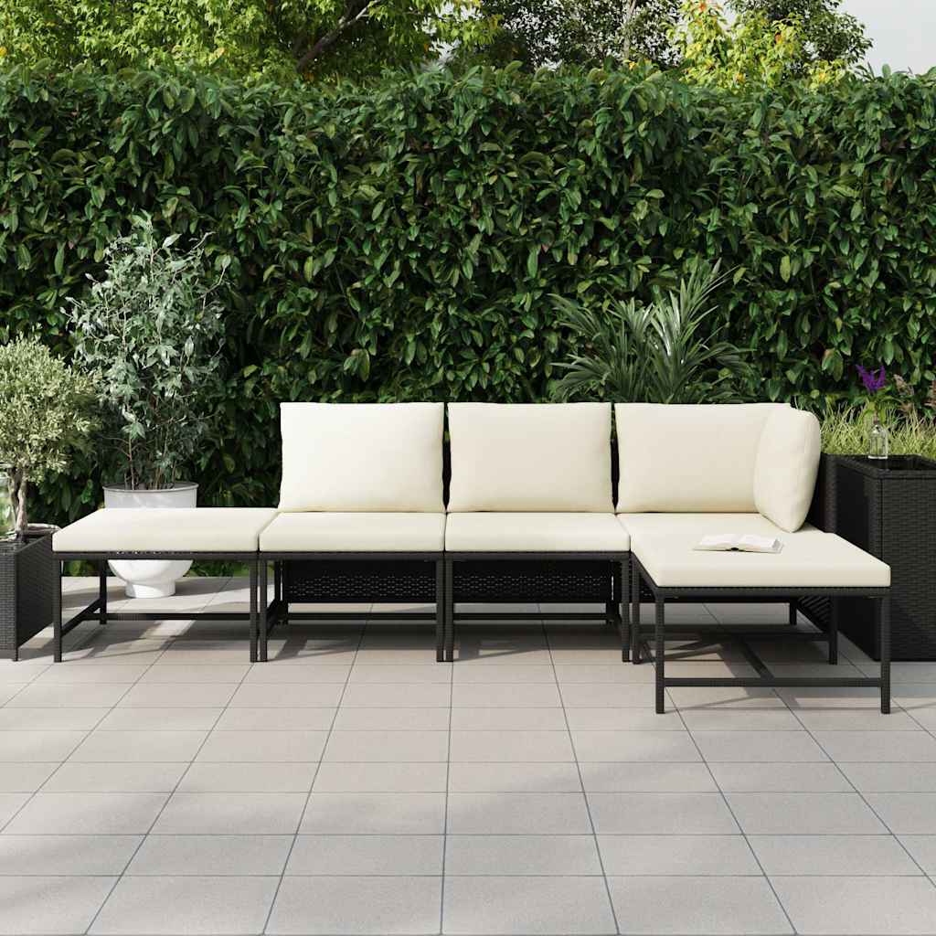 Set de sofás de jardín 5 pzas y cojines ratán sintético negro