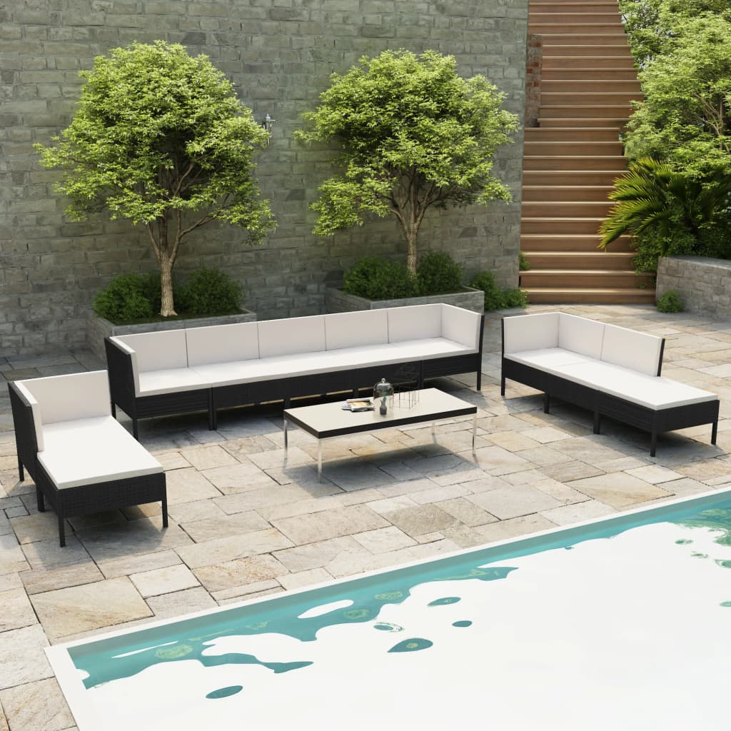 Conjunto de móveis de jardim 10 peças almofadas vime sintético preto