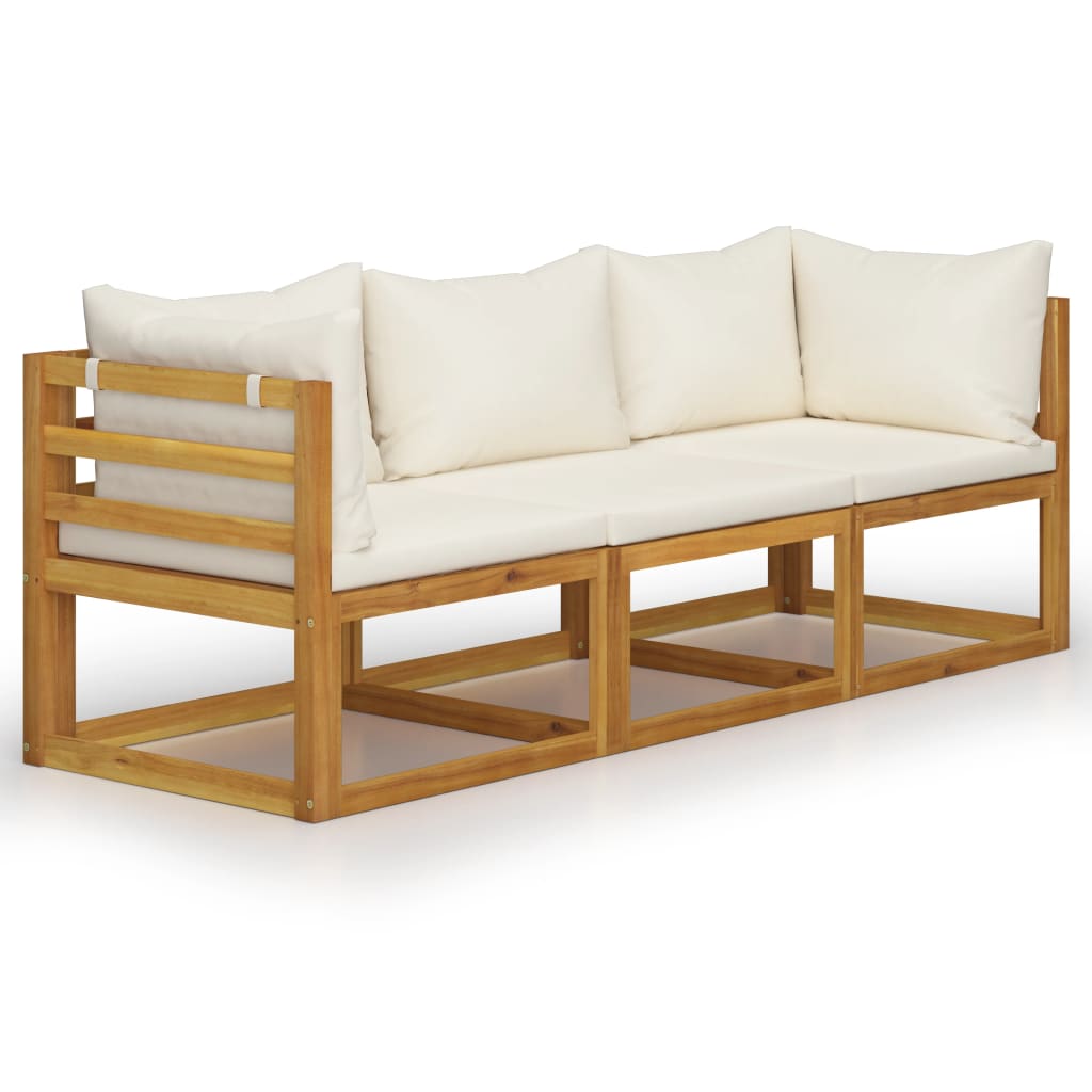Sofá jardín 3 plazas con cojín madera maciza acacia color crema
