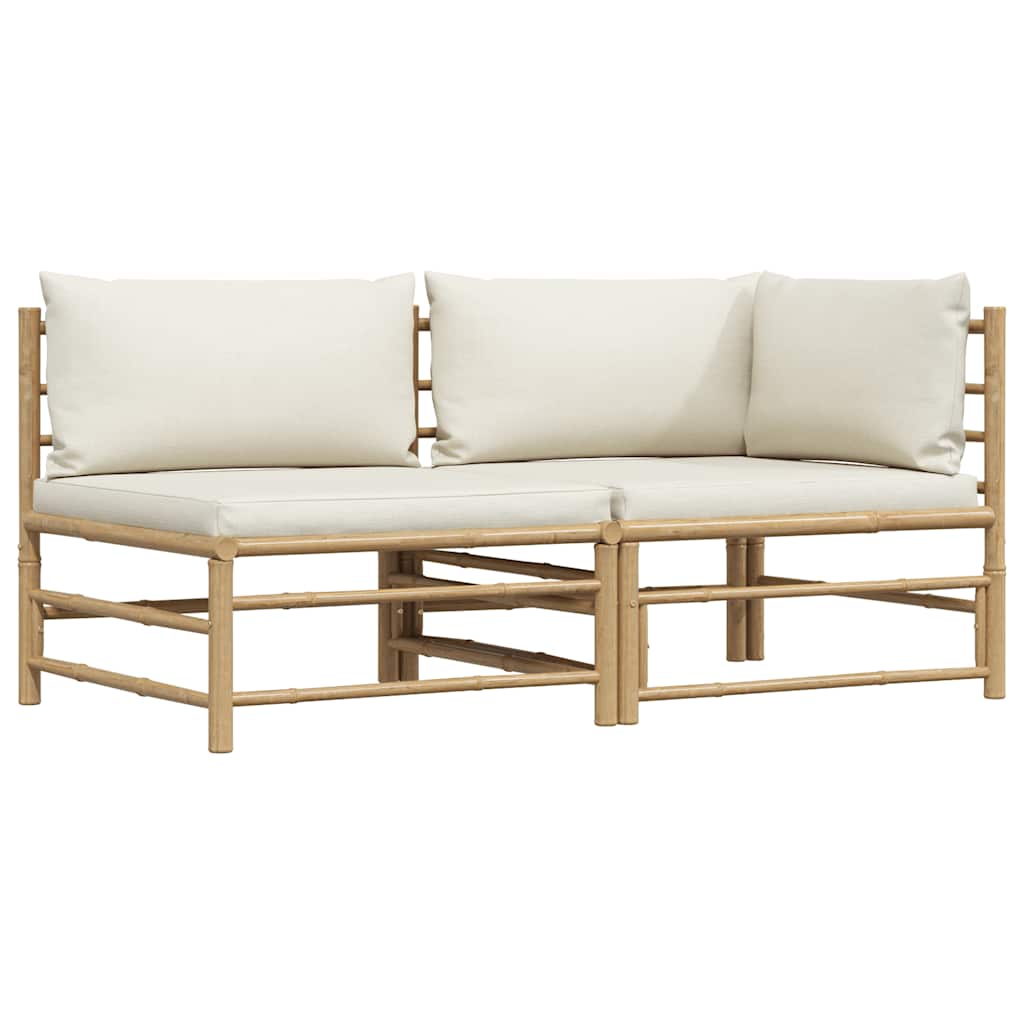 Set de muebles de jardín 2 piezas bambú y cojines blanco crema