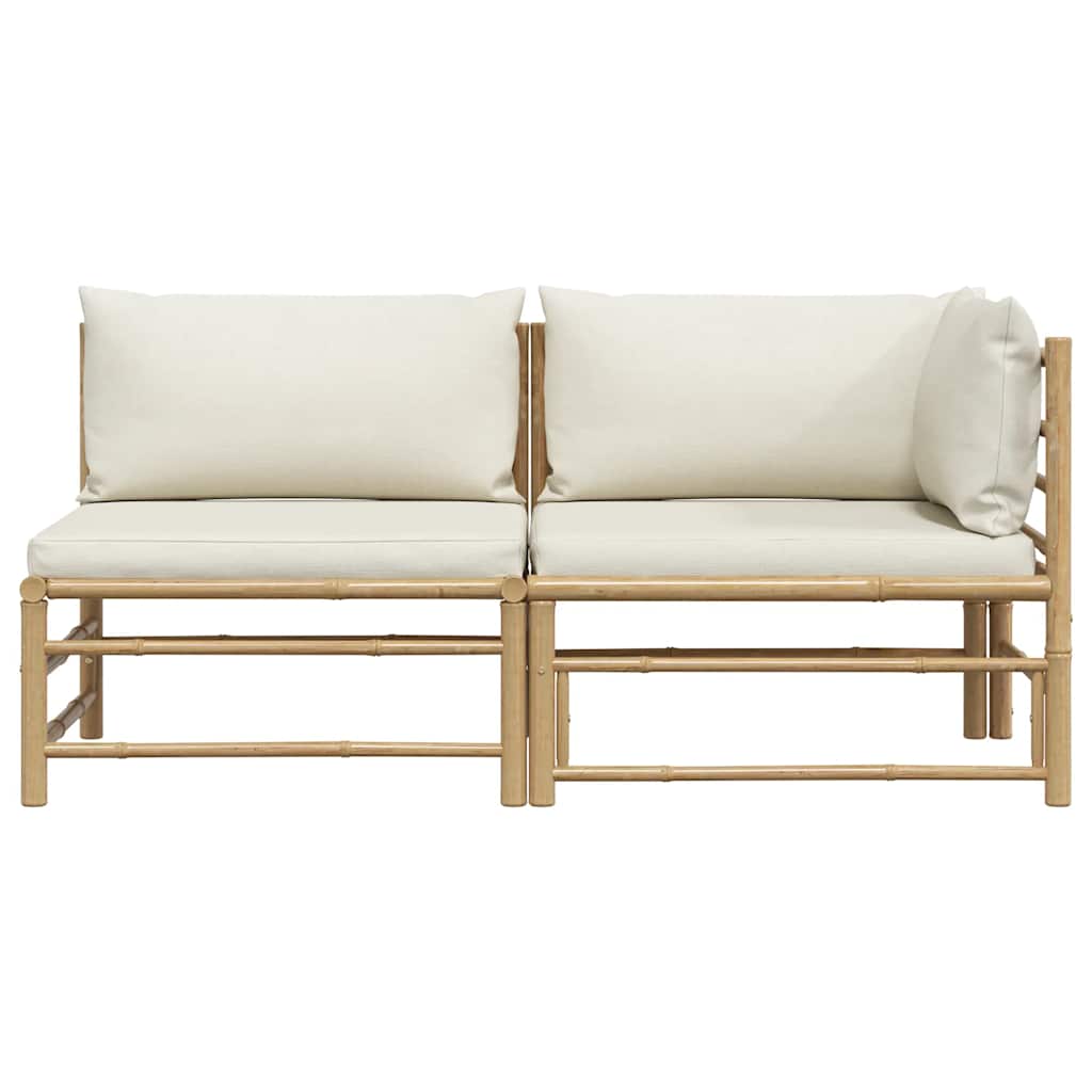 Set de muebles de jardín 2 piezas bambú y cojines blanco crema