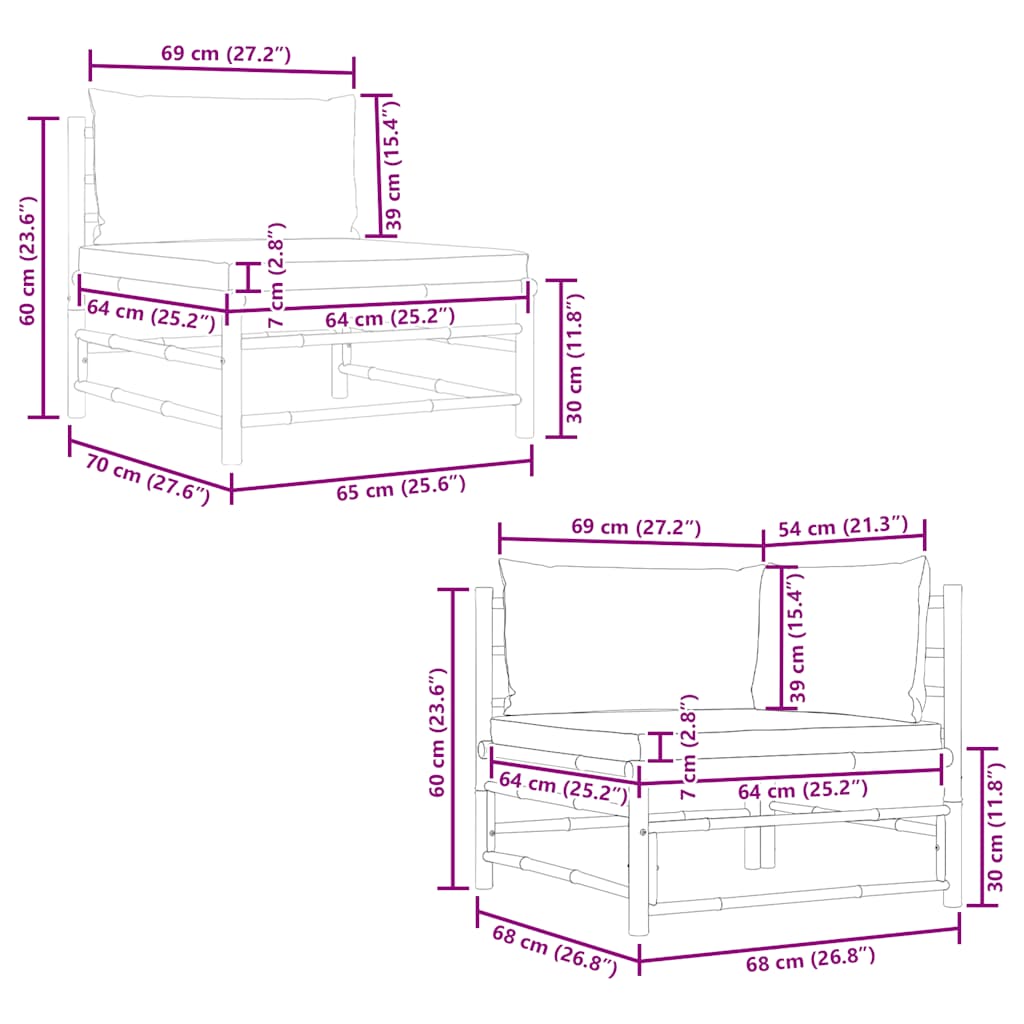 Set de muebles de jardín 2 piezas bambú y cojines blanco crema