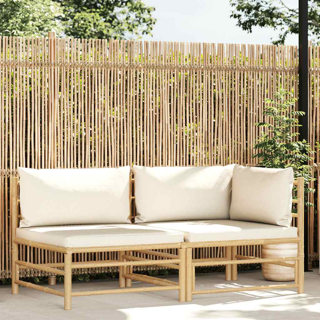 Set de muebles de jardín 2 piezas bambú y cojines blanco crema