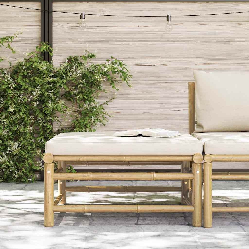 Reposapiés de jardín bambú con cojín blanco crema