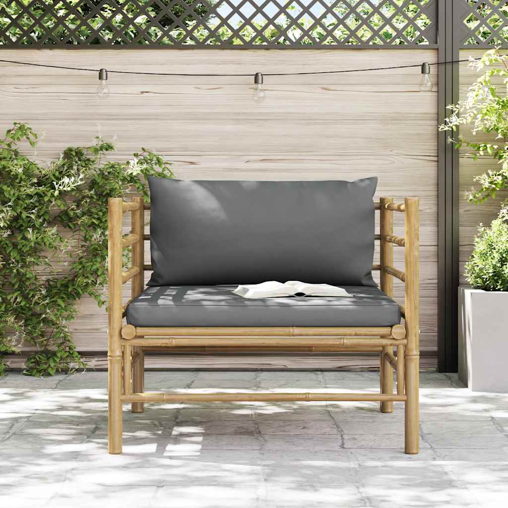 Sofá de jardín bambú con cojines gris oscuro