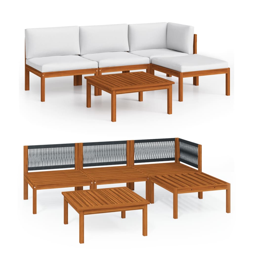 Conjunto de jardín de 5 piezas con cojines, madera color crema, acacia y cuerda