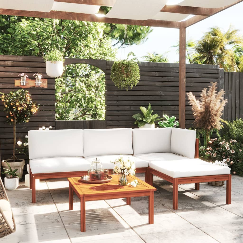 Conjunto de jardín de 5 piezas con cojines, madera color crema, acacia y cuerda