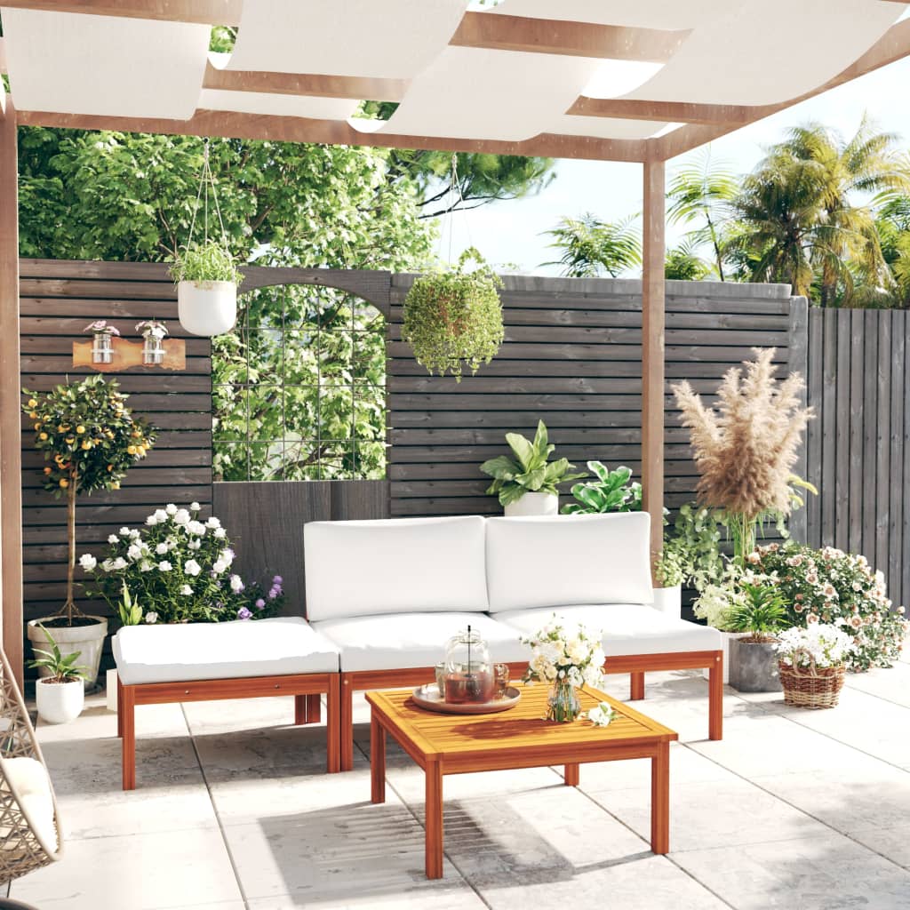 Conjunto de jardín 4 piezas con cojines color crema 63x63 cm