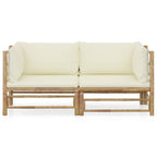 Set de muebles de jardín 2 piezas bambú y cojines blanco crema