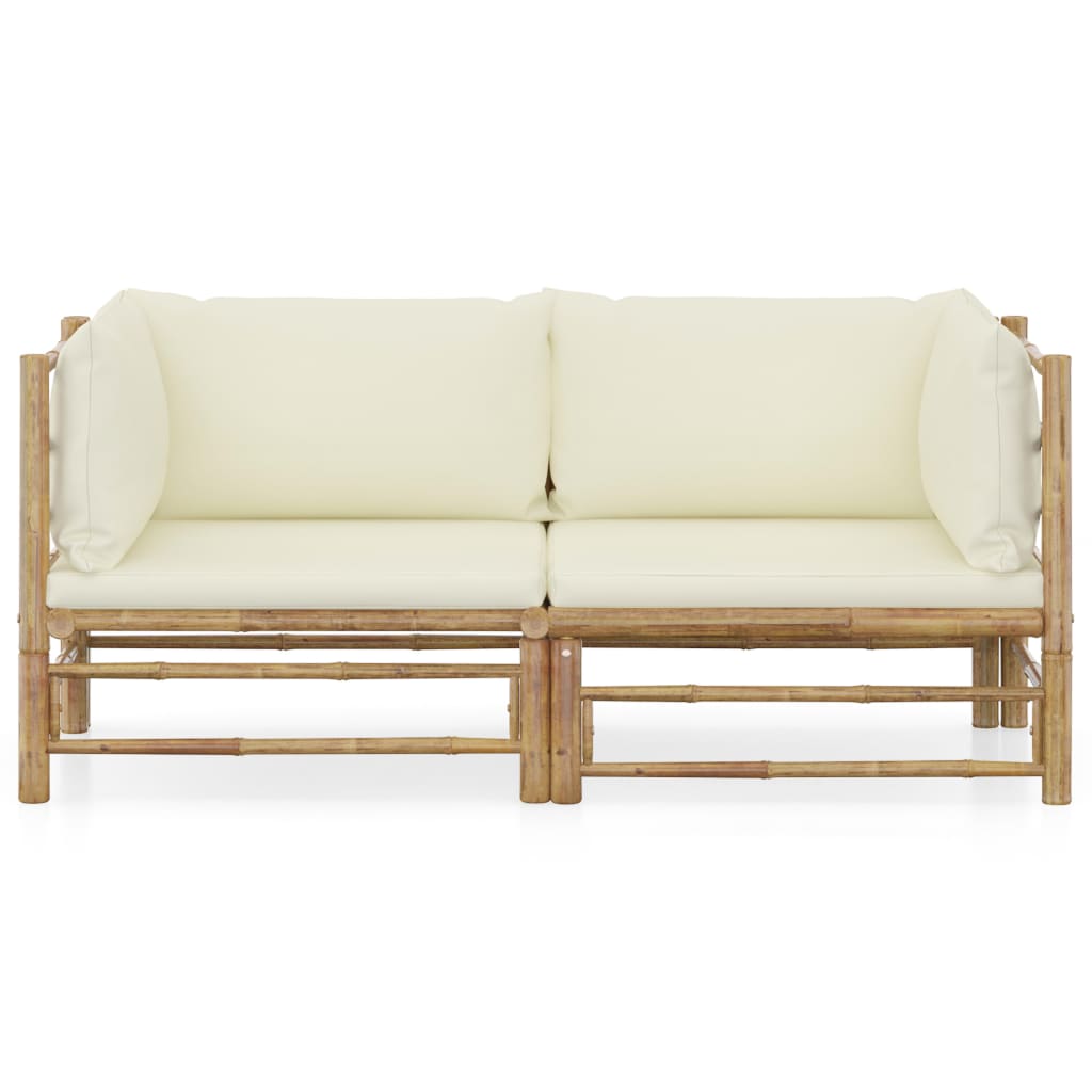 Set de muebles de jardín 2 piezas bambú y cojines blanco crema
