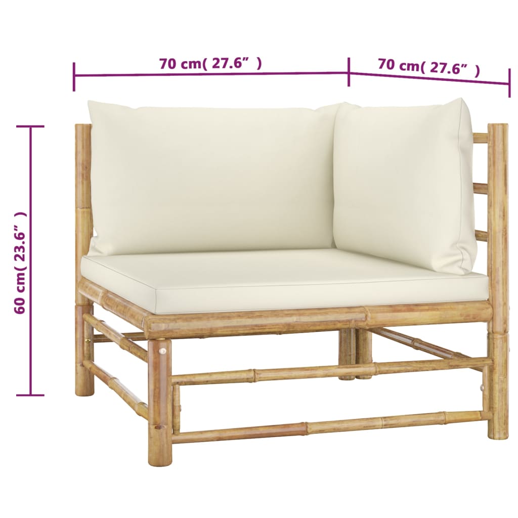 Set de muebles de jardín 2 piezas bambú y cojines blanco crema