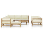 Set de muebles de jardín 10 piezas bambú y cojines blanco crema