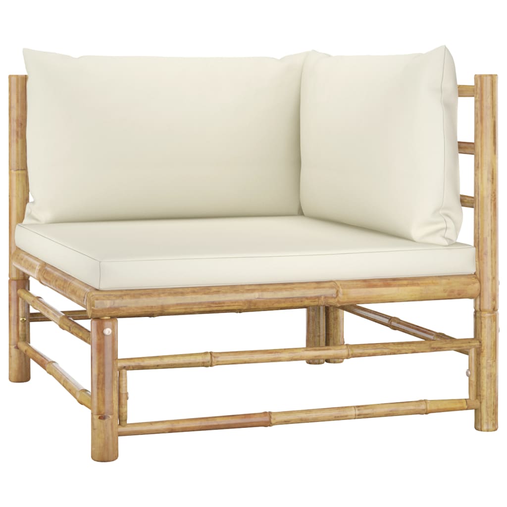 Set de muebles de jardín 10 piezas bambú y cojines blanco crema