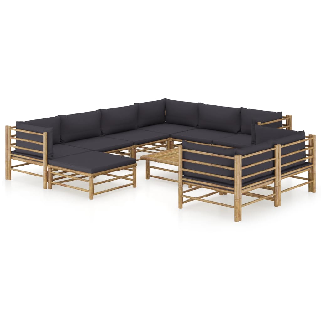 Conjunto de mobiliário de jardim 10 peças bambu e almofadas branco creme